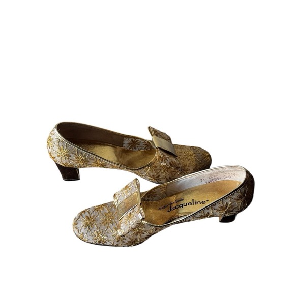Vintage 60s Metallic Gold Lurex Lamé Brocade Bow Heels Low Cocktail Pumps Sz 7.5 - Picture 10 of 13